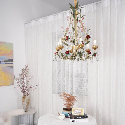 Gold Rose Crystal Chandelier with Candle Bulbs