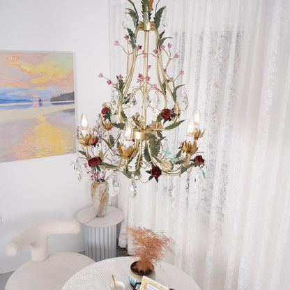 Gold Rose Crystal Chandelier with Candle Bulbs