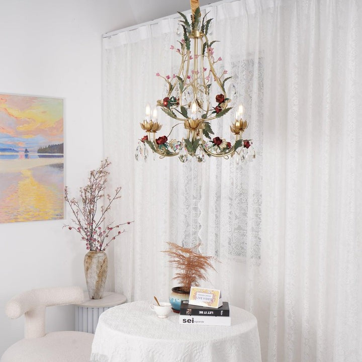 Gold Rose Crystal Chandelier with Candle Bulbs