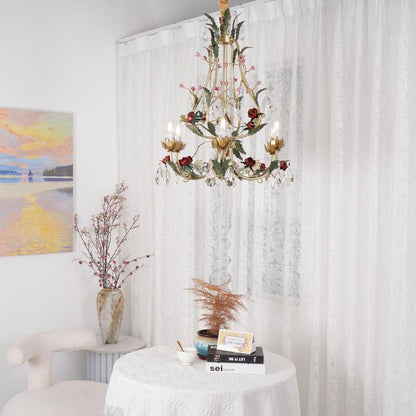 Gold Rose Crystal Chandelier with Candle Bulbs