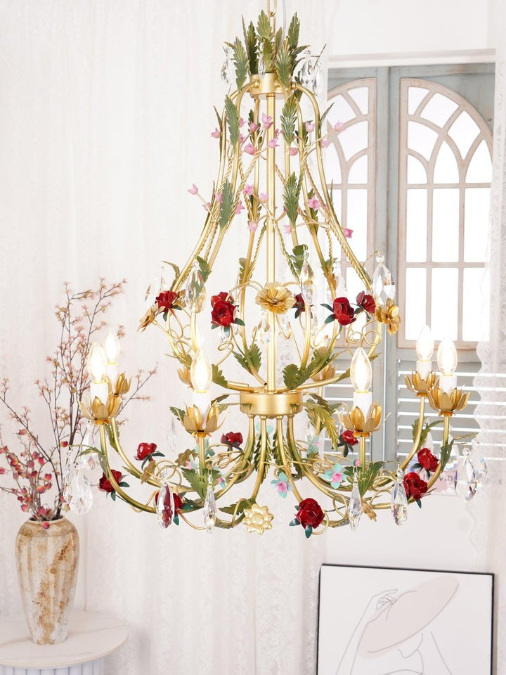 Gold Rose Crystal Chandelier with Candle Bulbs