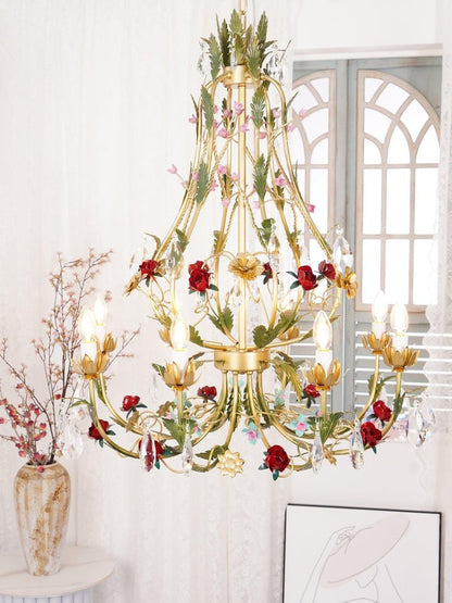 Gold Rose Crystal Chandelier with Candle Bulbs