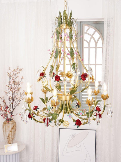 Gold Rose Crystal Chandelier with Candle Bulbs