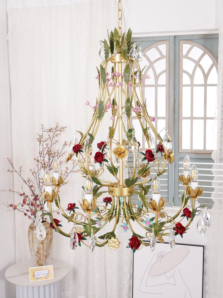 Gold Rose Crystal Chandelier with Candle Bulbs