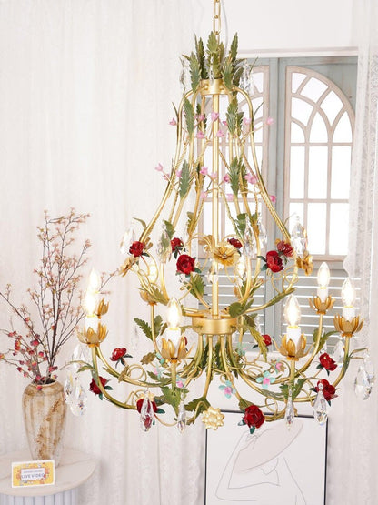 Gold Rose Crystal Chandelier with Candle Bulbs