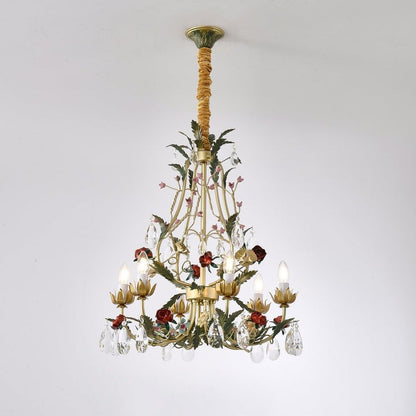 Gold Rose Crystal Chandelier with Candle Bulbs