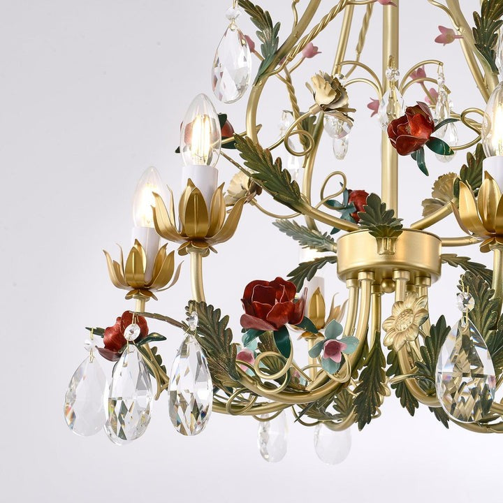 Gold Rose Crystal Chandelier with Candle Bulbs