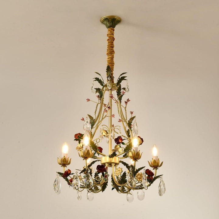Gold Rose Crystal Chandelier with Candle Bulbs
