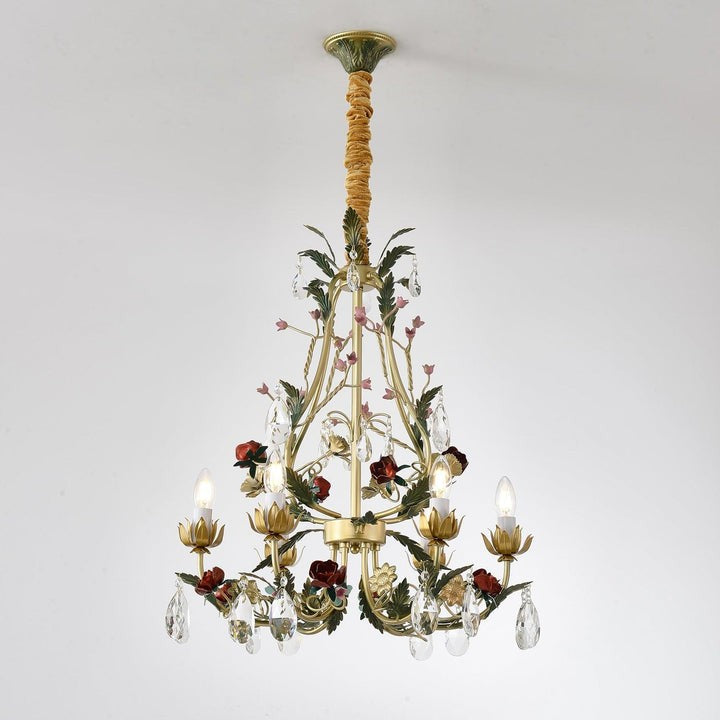 Gold Rose Crystal Chandelier with Candle Bulbs