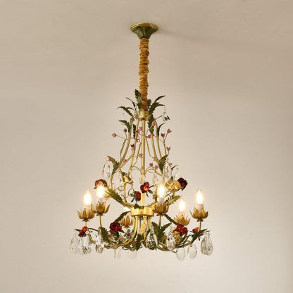 Gold Rose Crystal Chandelier with Candle Bulbs
