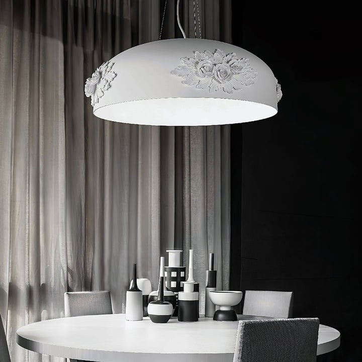 Hand-Carved White Resin & Crystal LED Pendant Light