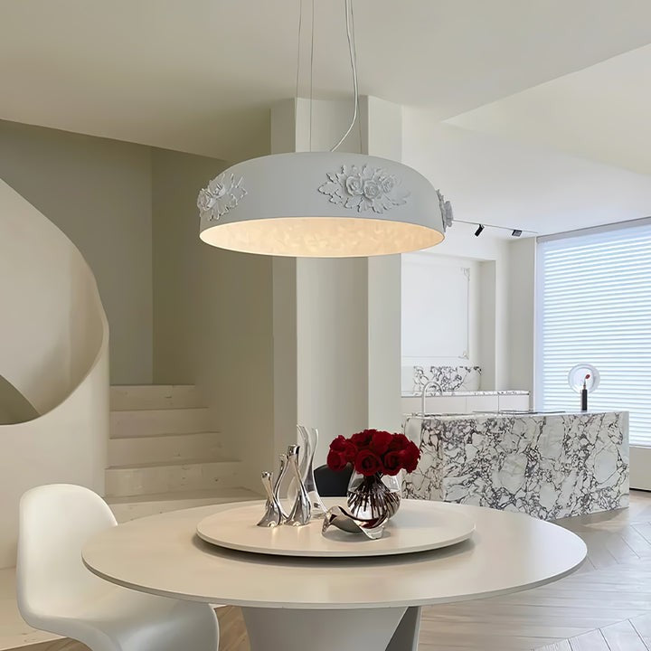 Hand-Carved White Resin & Crystal LED Pendant Light