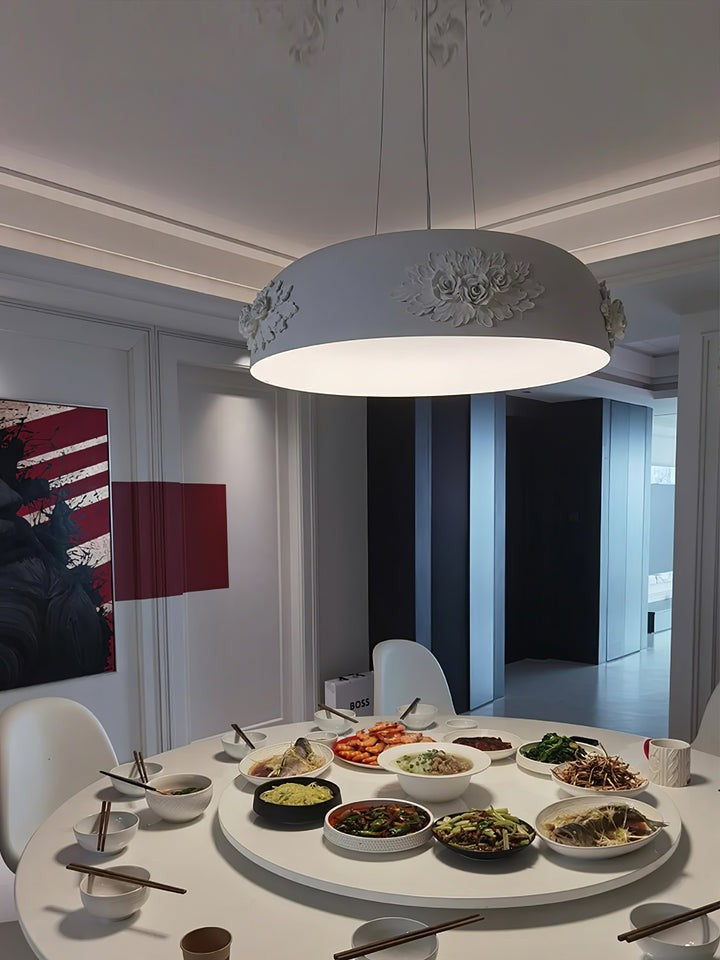 Hand-Carved White Resin & Crystal LED Pendant Light