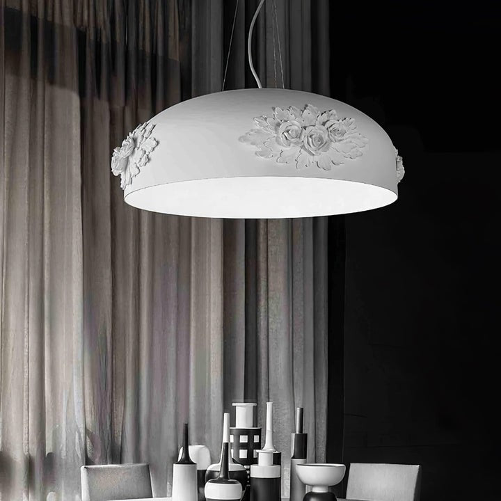 Hand-Carved White Resin & Crystal LED Pendant Light