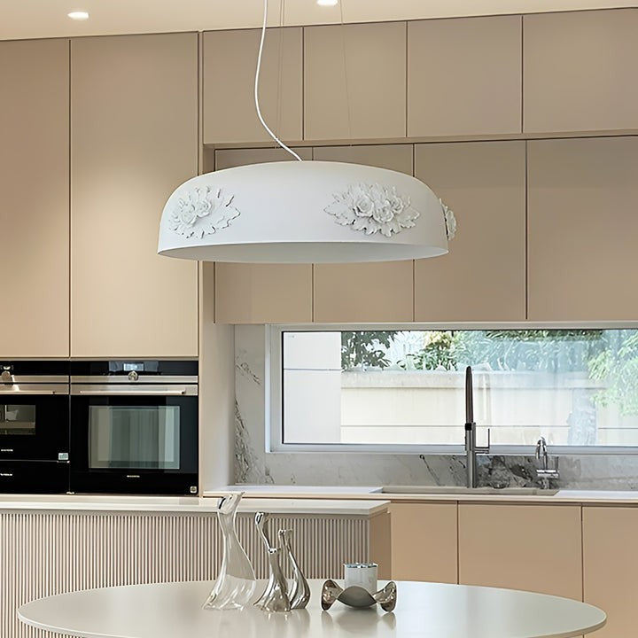 Hand-Carved White Resin & Crystal LED Pendant Light
