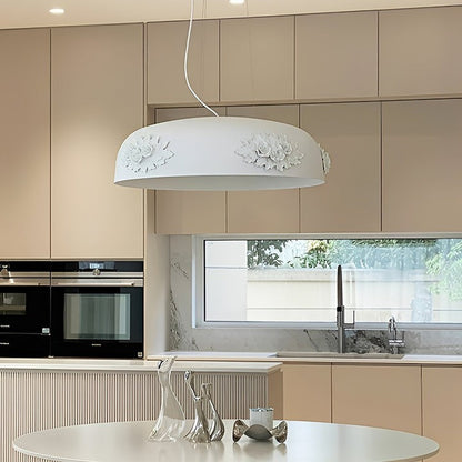 Hand-Carved White Resin & Crystal LED Pendant Light