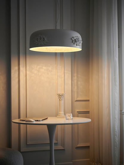 Hand-Carved White Resin & Crystal LED Pendant Light