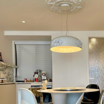 Hand-Carved White Resin & Crystal LED Pendant Light