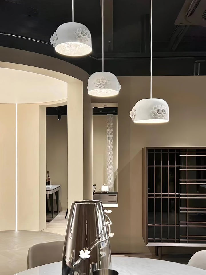 Hand-Carved White Resin & Crystal LED Pendant Light