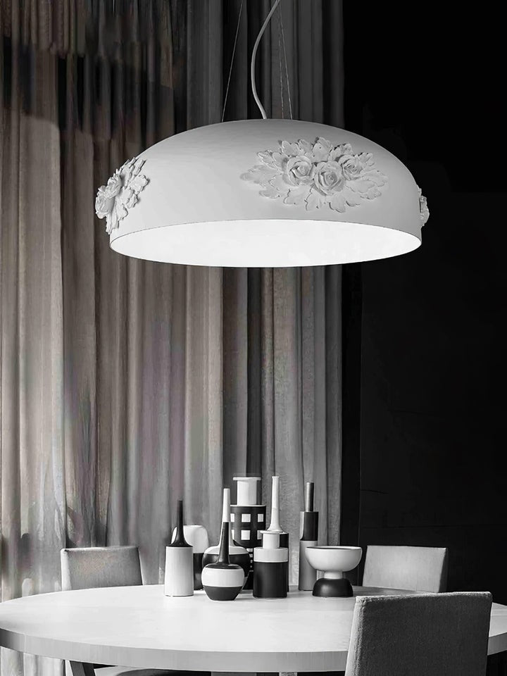 Hand-Carved White Resin & Crystal LED Pendant Light