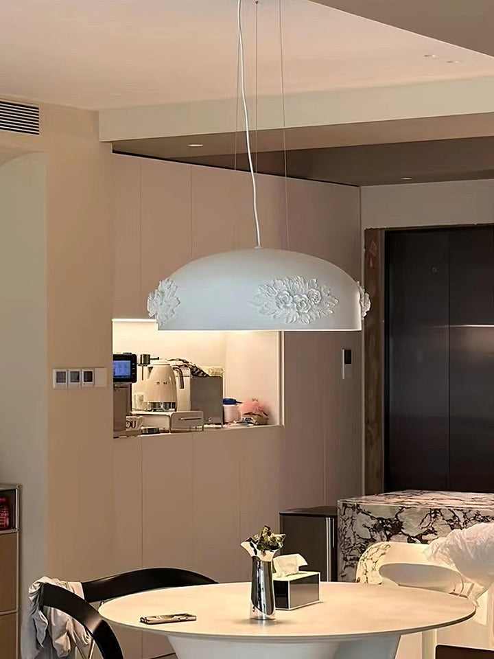 Hand-Carved White Resin & Crystal LED Pendant Light