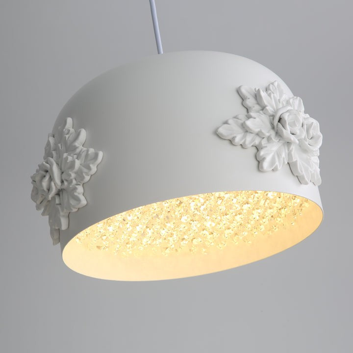 Hand-Carved White Resin & Crystal LED Pendant Light