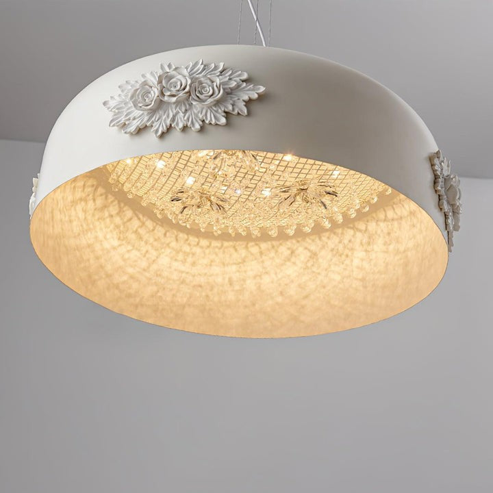 Hand-Carved White Resin & Crystal LED Pendant Light