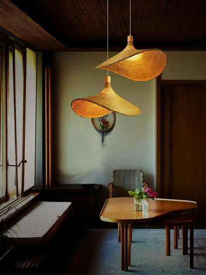 Handwoven Rattan Hat-Style Pendant Light