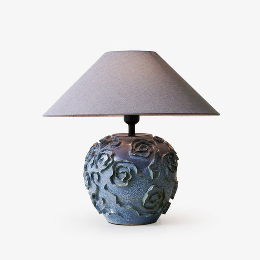Indigo Ceramic Floral Table Lamp with Gray Linen Shade