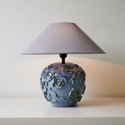Indigo Ceramic Floral Table Lamp with Gray Linen Shade