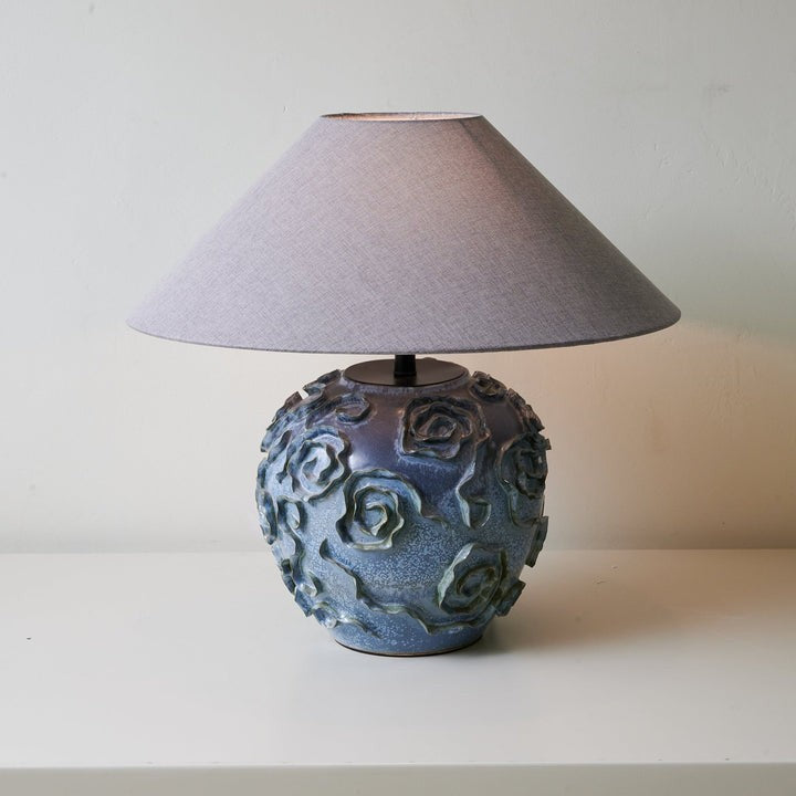 Indigo Ceramic Floral Table Lamp with Gray Linen Shade
