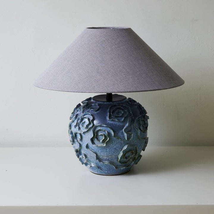 Indigo Ceramic Floral Table Lamp with Gray Linen Shade