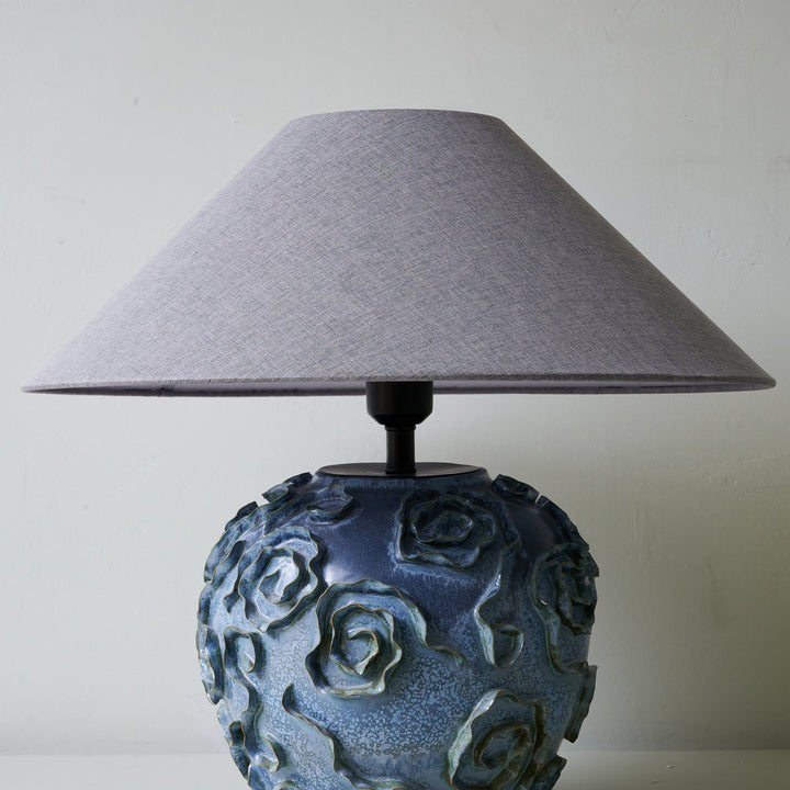 Indigo Ceramic Floral Table Lamp with Gray Linen Shade
