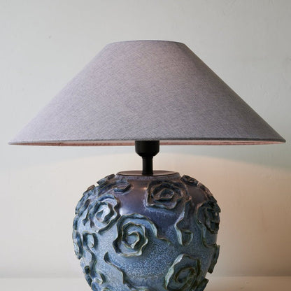 Indigo Ceramic Floral Table Lamp with Gray Linen Shade