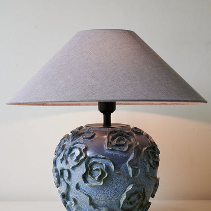 Indigo Ceramic Floral Table Lamp with Gray Linen Shade