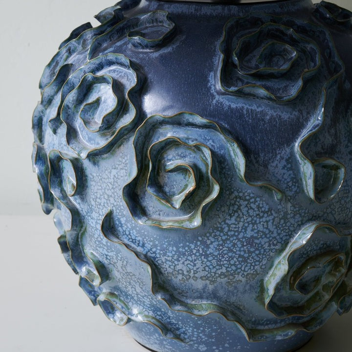 Indigo Ceramic Floral Table Lamp with Gray Linen Shade