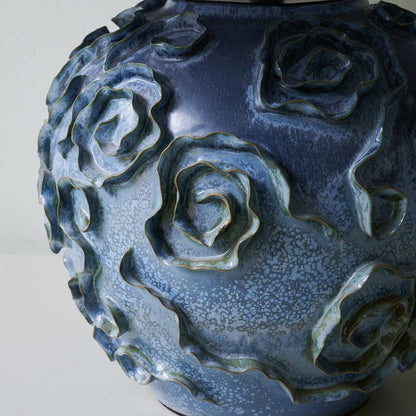 Indigo Ceramic Floral Table Lamp with Gray Linen Shade