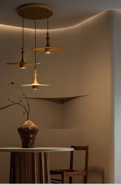 Japandi Rustic Wooden Spin Pendant Light