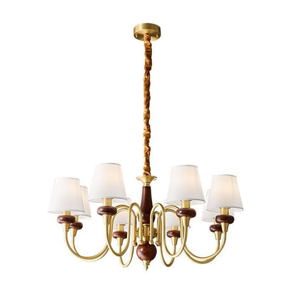 Luxury Wood & Brass Chandelier with Fabric Shades