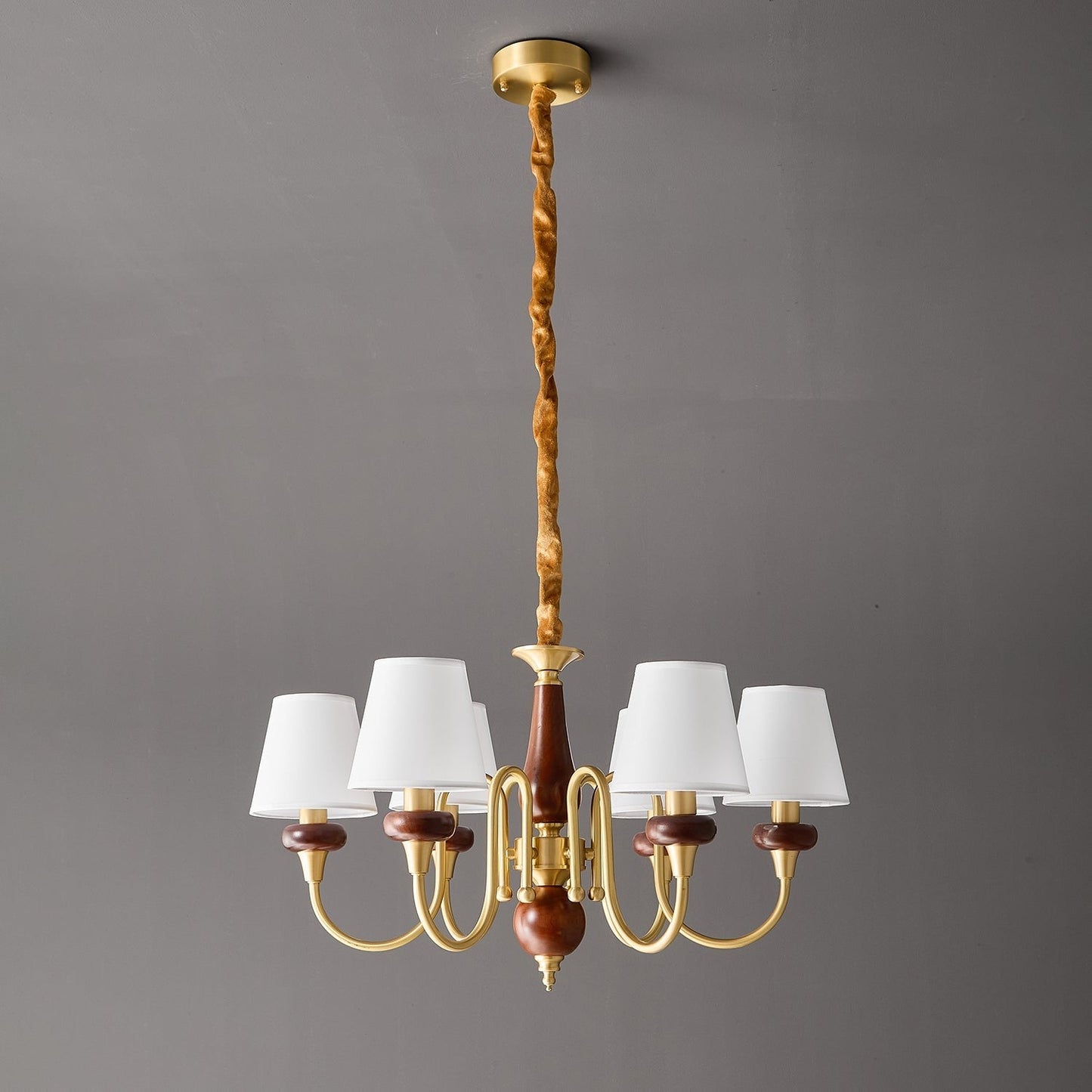 Luxury Wood & Brass Chandelier with Fabric Shades