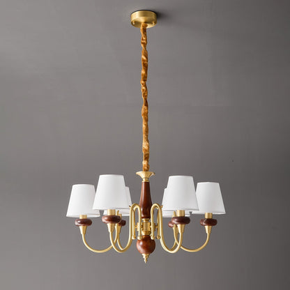 Luxury Wood & Brass Chandelier with Fabric Shades