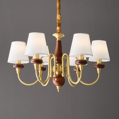 Luxury Wood & Brass Chandelier with Fabric Shades