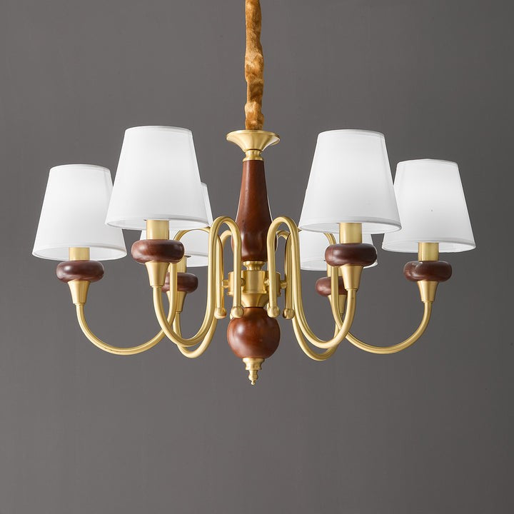Luxury Wood & Brass Chandelier with Fabric Shades