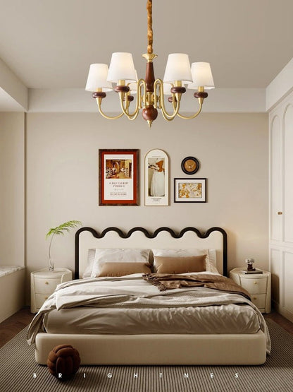 Luxury Wood & Brass Chandelier with Fabric Shades