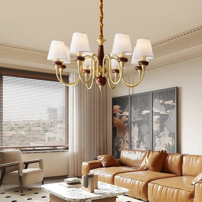 Luxury Wood & Brass Chandelier with Fabric Shades