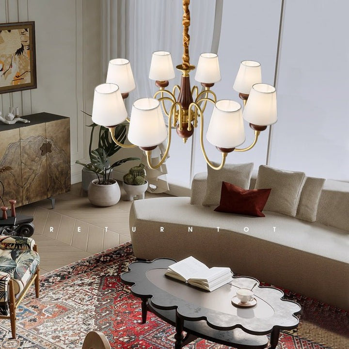 Luxury Wood & Brass Chandelier with Fabric Shades