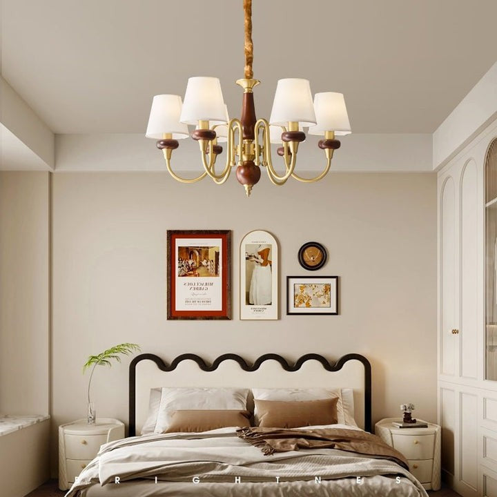 Luxury Wood & Brass Chandelier with Fabric Shades