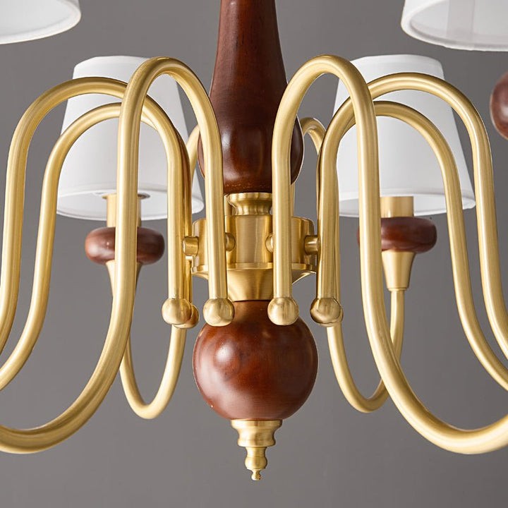Luxury Wood & Brass Chandelier with Fabric Shades