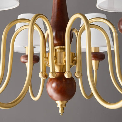 Luxury Wood & Brass Chandelier with Fabric Shades
