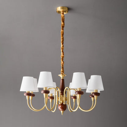 Luxury Wood & Brass Chandelier with Fabric Shades